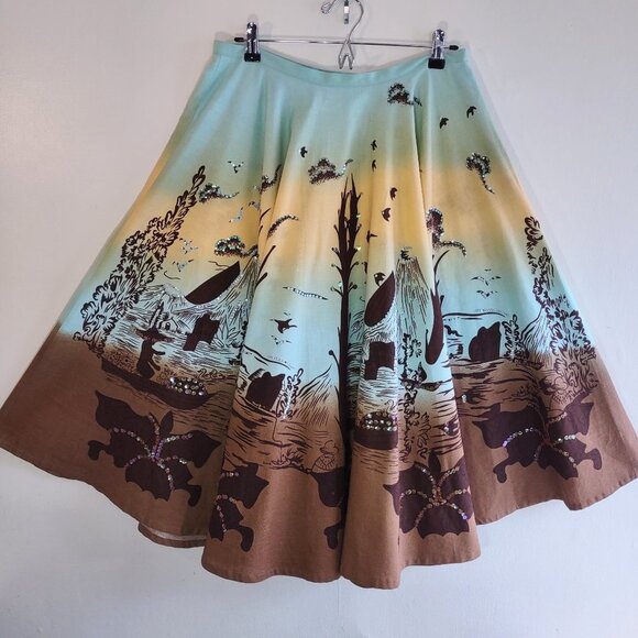Lapis Full Circle Skirt Sequins Beautiful Asian Art Design Retro Inspo  Sz Large - Picture 1 of 9